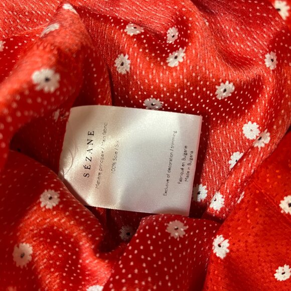 Sézane Red Silk Blouse w/ White Floral Print & Tie Bow | Size 40 (US 8/M) - Picture 5 of 10